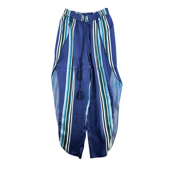 TRYB 100% Silk Pants Palazoo Flow Side Slits Shorts Under Blue Striped Small - Picture 1 of 6